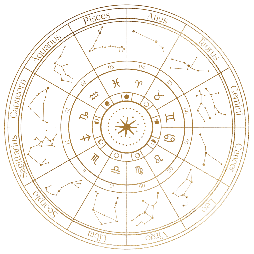 Imagen del círculo zodiacal destacando el signo Géminis, símbolo del zodiaco representado por los gemelos, ideal para ilustrar horóscopos y astrología.